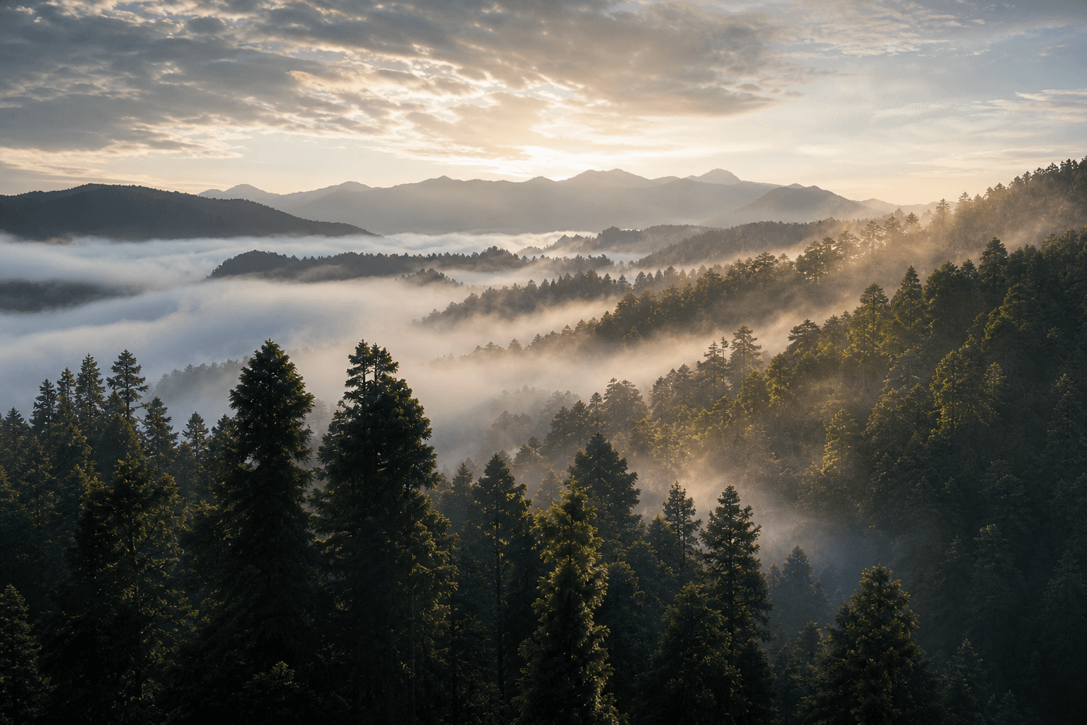 Misty Japanese cedar forest valley at dawn