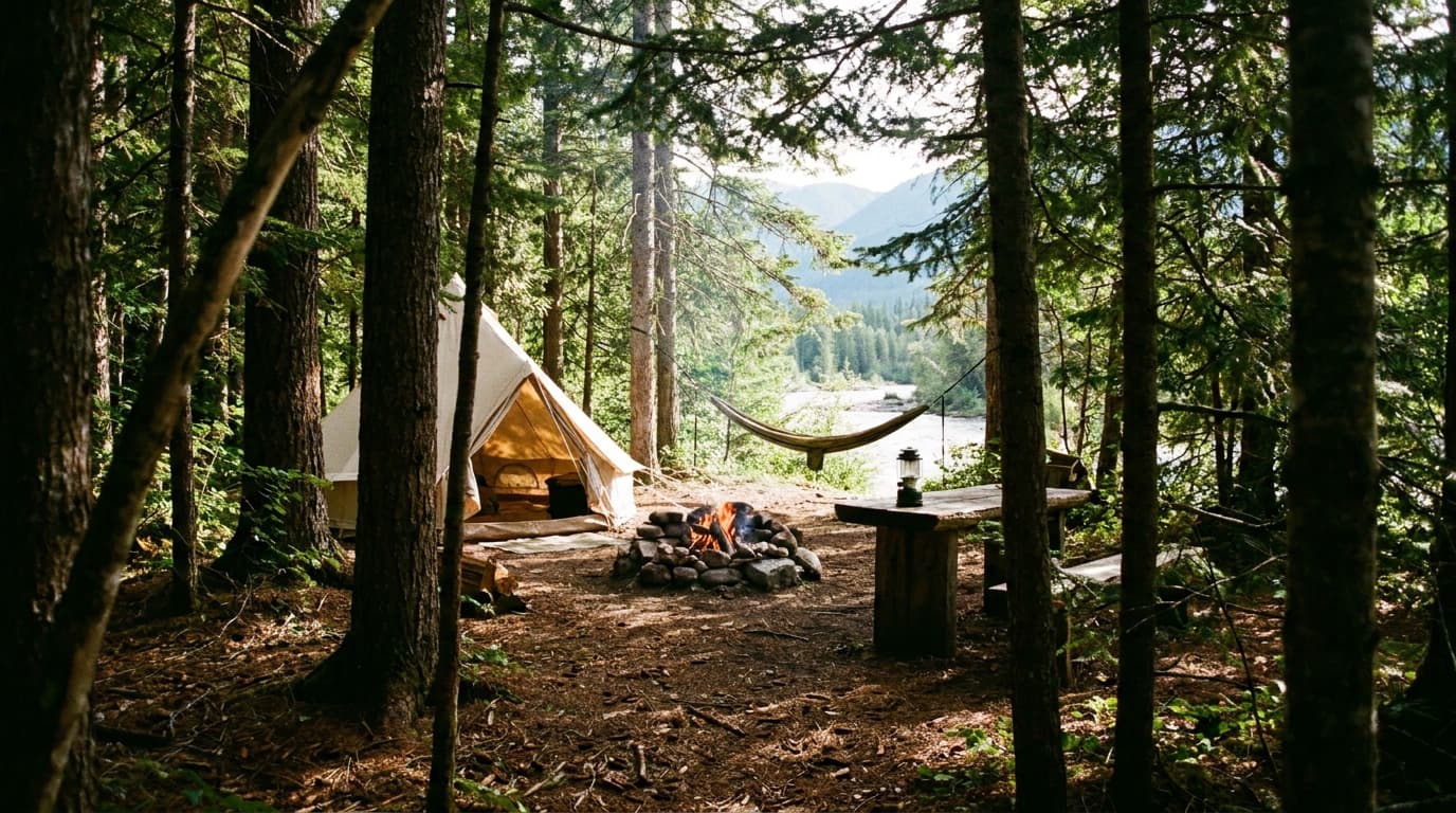 Camp gear arranged in a Japanese forest at dusk — the adaptable system in use