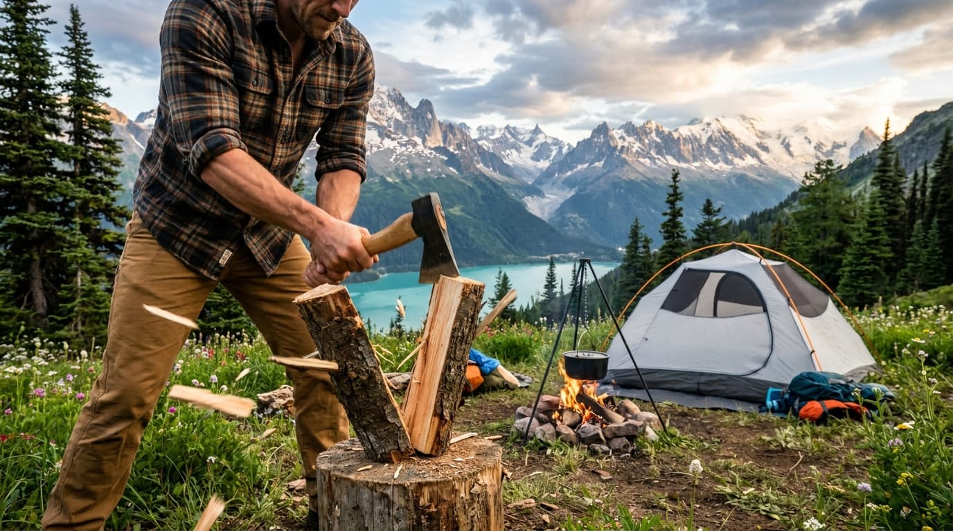 Compact hatchet and prepared kindling at a weekend camp — fire before shelter