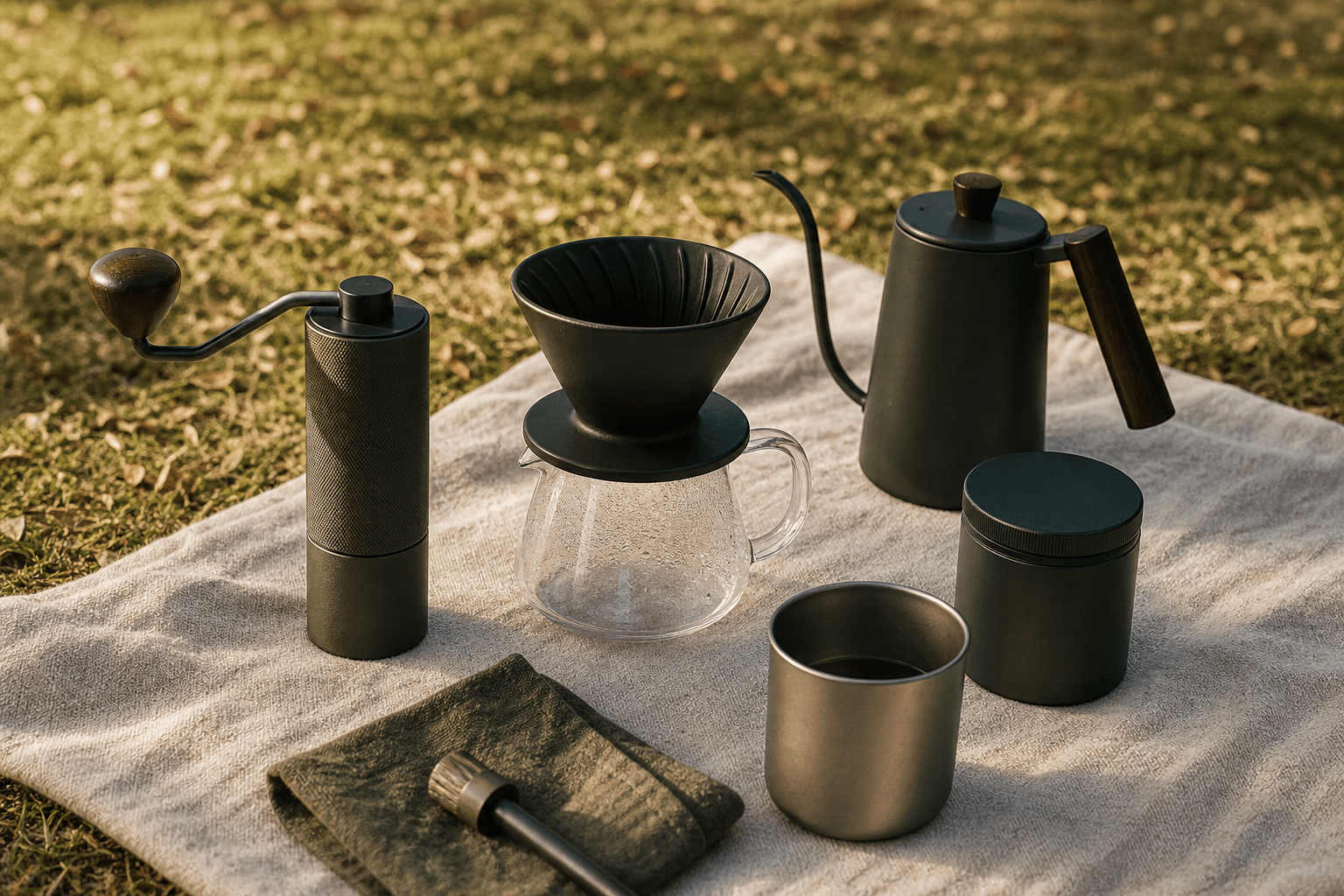 Compact pour-over coffee kit arranged on a picnic blanket in warm park light